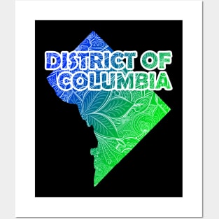 Colorful mandala art map of District of Columbia with text in blue and green Posters and Art